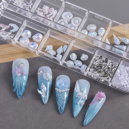 3D Summer Beach Nail Charms Resin Aurora Ocean Nail Rhinestones Shells Fishtail