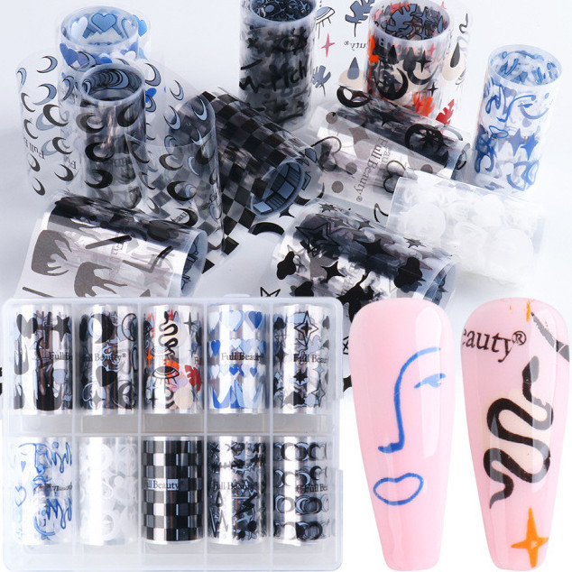10Rolls Foil Stickers Black Moon Snake Evil Eye Nail Art Transfer Wrap Decor