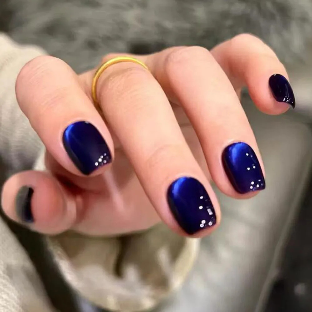 30Pcs Blue Cat eye Wearable Press on Nails Short Square Full Cover False Nails