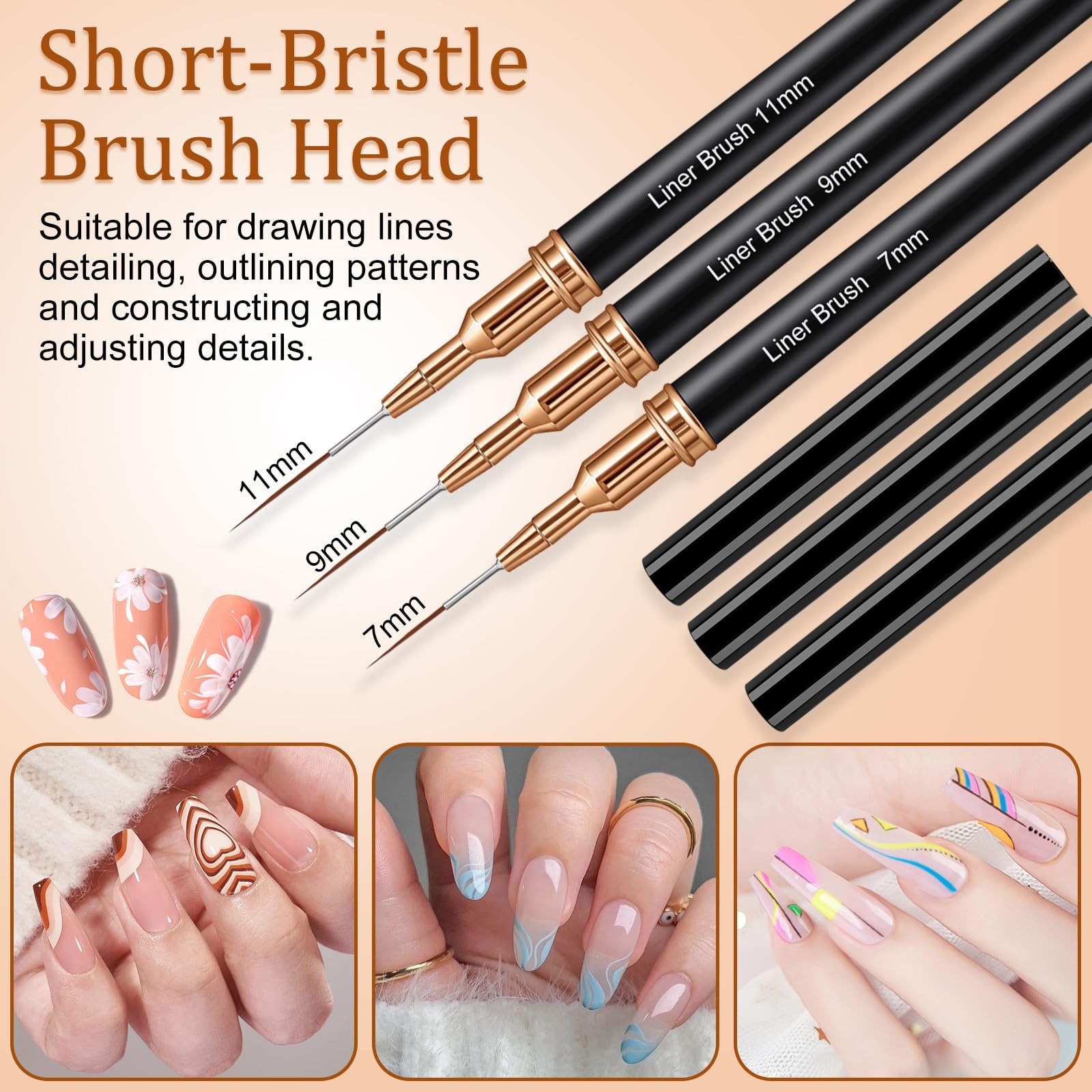 7PCS Metallic Nail Art Brushes Set, 7/9/11/15/25mm Liner Brush For Nails , Su…