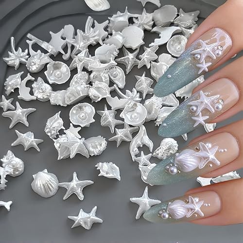 200pcs 3D Summer Ocean Resin Nails Charms White Starfish Seashell style09