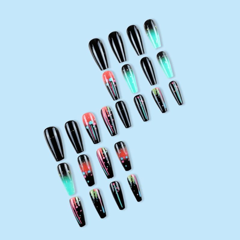 48Pcs-Long Taper Coffin Galaxy Gradient Bright Pink Blue Dot Press on Nails