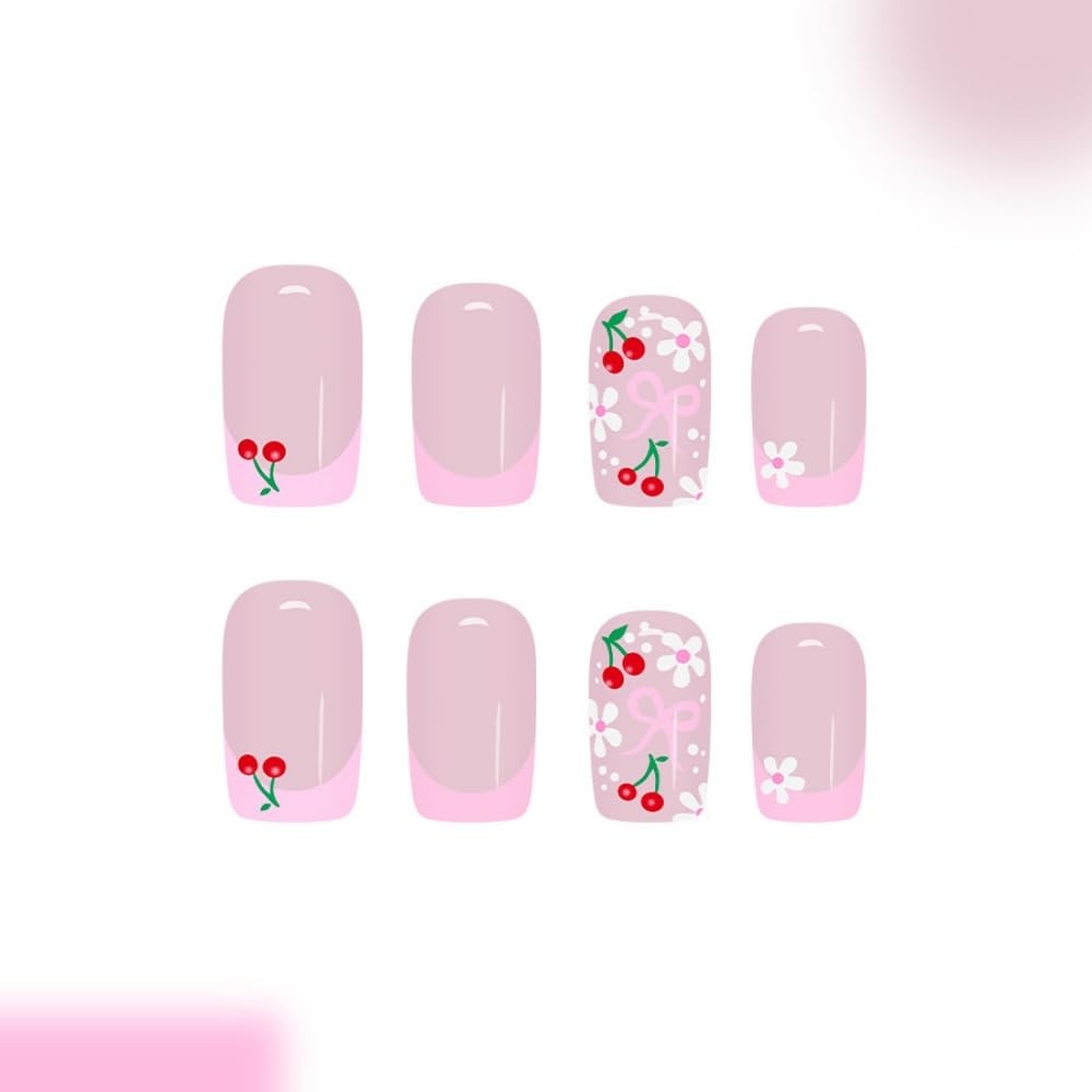 French Tips Press on Nails Medium Square Fake Nails with Flower Bow Design Gl…