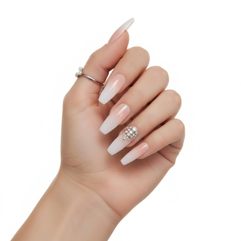 Nude Pink White Ombre French 3D Crystal Ballerina Extra Long Press On Nails Set