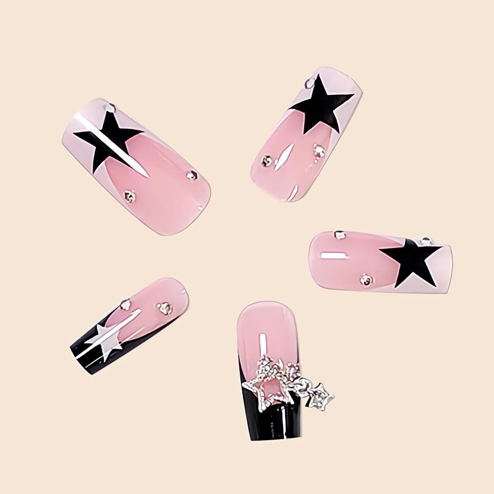 French Tip Press on Nails Medium Square Fake Nails Black Pink Glue FNr21star