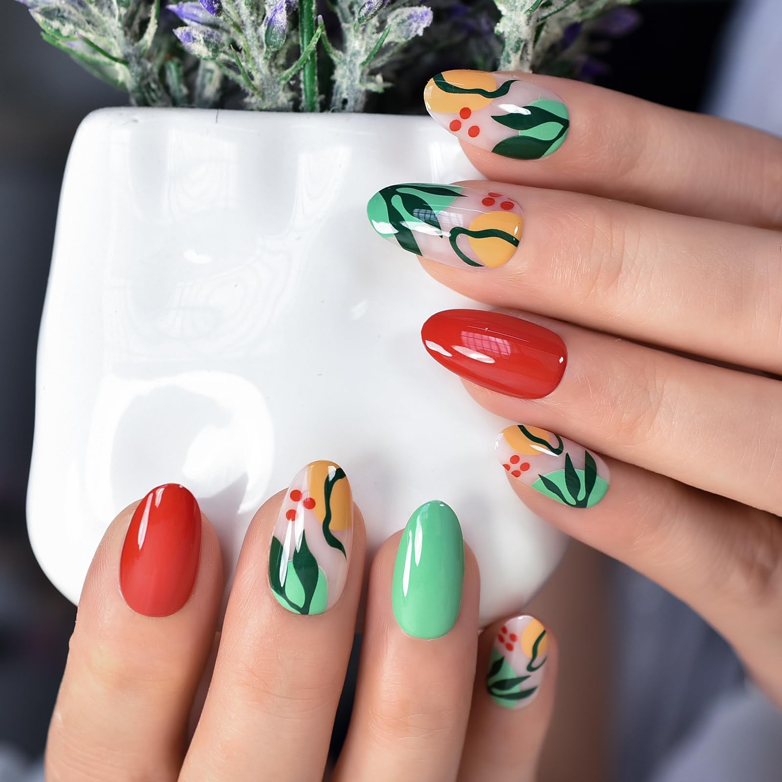 Pre-design Press On Nails Glossy Green Red False Nails Medium Long Nail Art T…