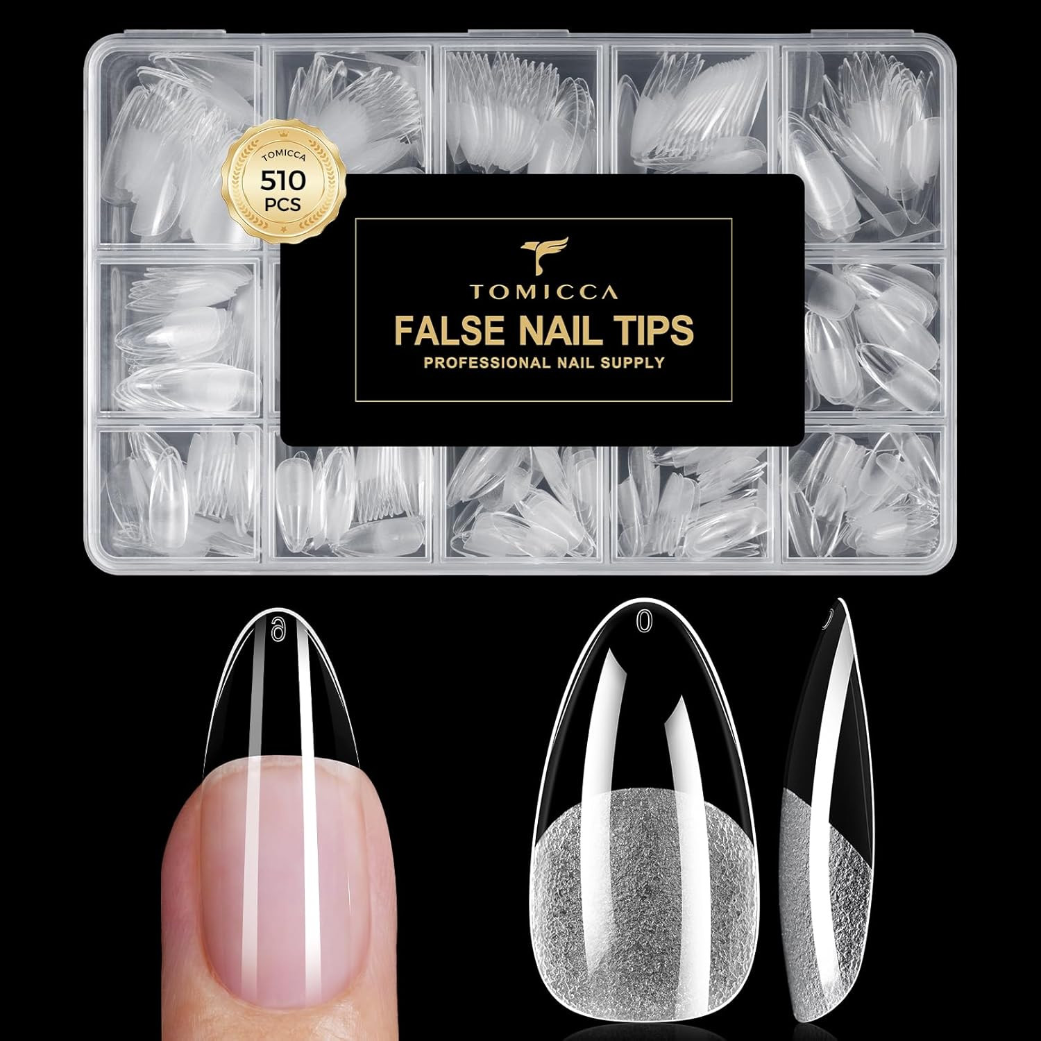Medium Almond Nail Tips 510PCS, 15 Sizes Gel Nail Tips for Full Cover Half Matte