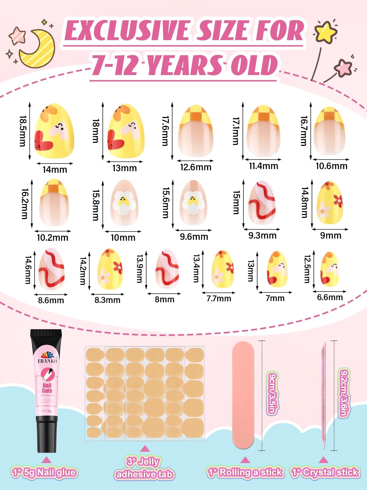 EBANKU 32 Pieces Kids Stick On Nails Girls, Fake Set Self Adhesive C/1P