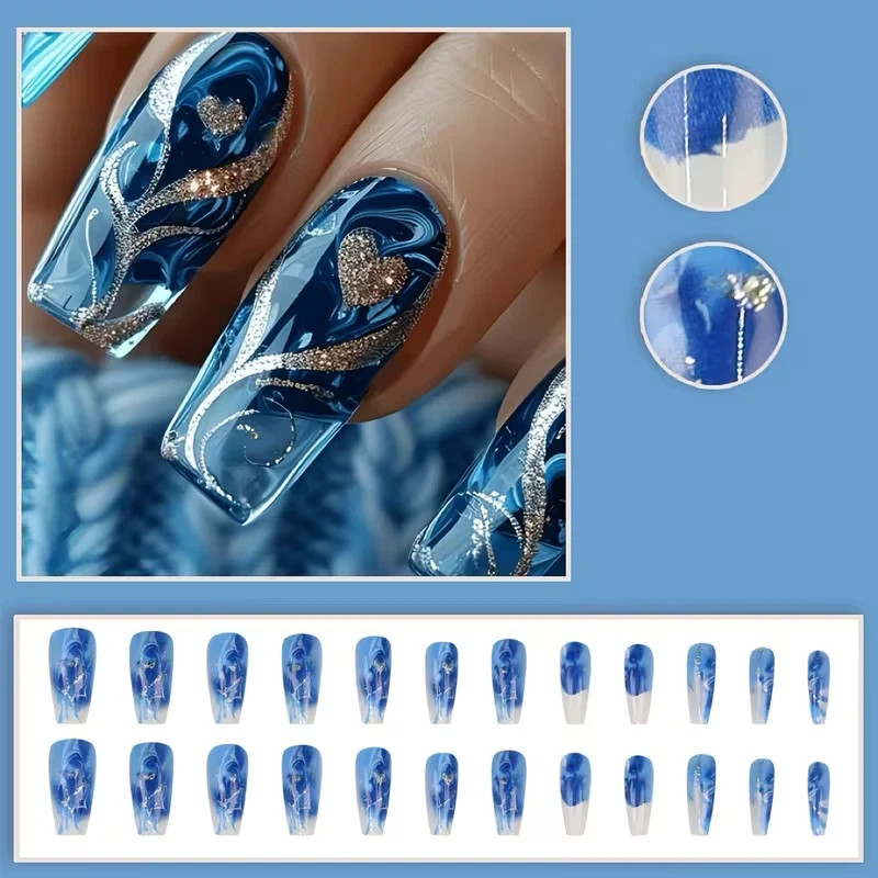 24pcs Blue Square Press-On Nails, Long, Glossy Silvery Pattern Heart Shape