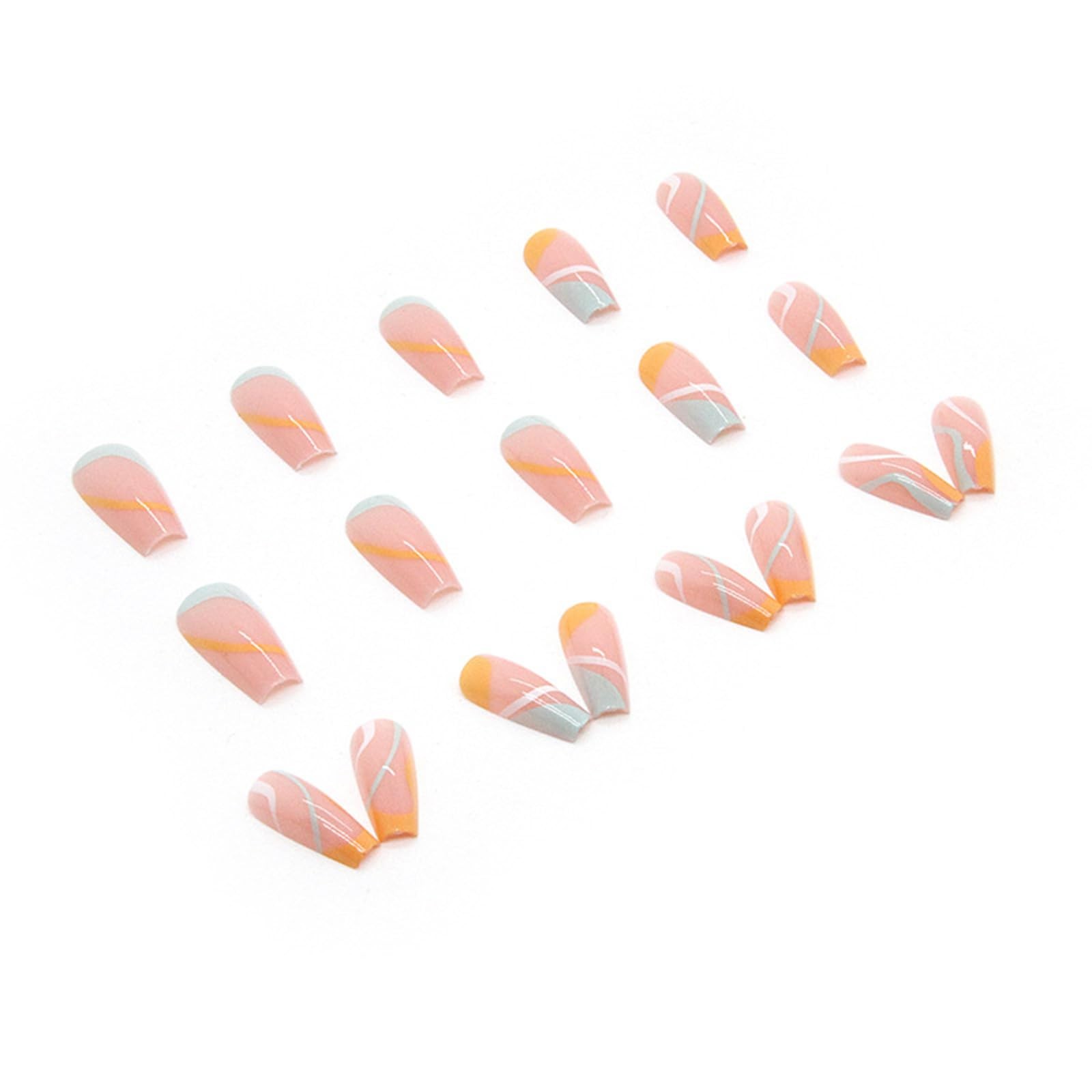 Long Press On Nails, Medium Length French Nails, Square Multi-Color Ripple Fa…