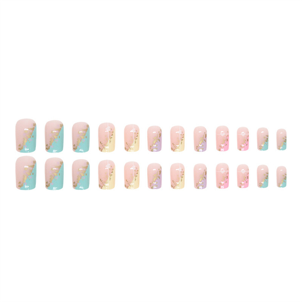Rainbow False Nail Heart Medium Square Press on Nails for Nail Art 24pcs