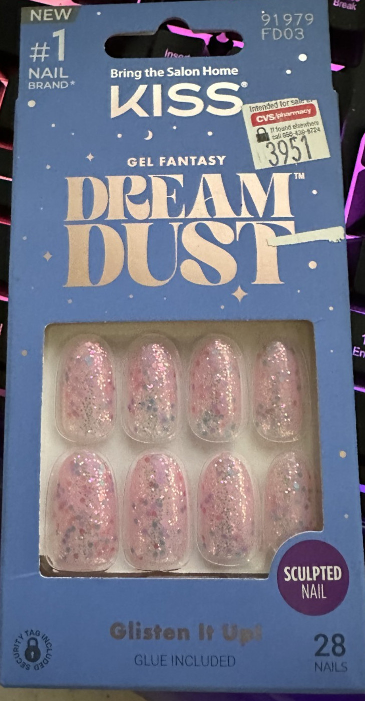 Kiss Gel Fantasy Dream Dust Nails, Manicure Medium Pink Oval NEW Blue Glitter 79