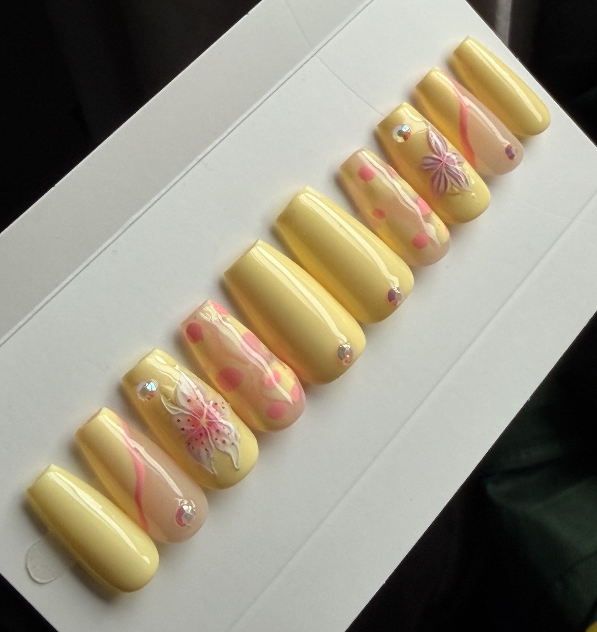 ✨ CUSTOM Press On Nails YELLOW PINK FLOWER BLING Flower 10p SET W Kit