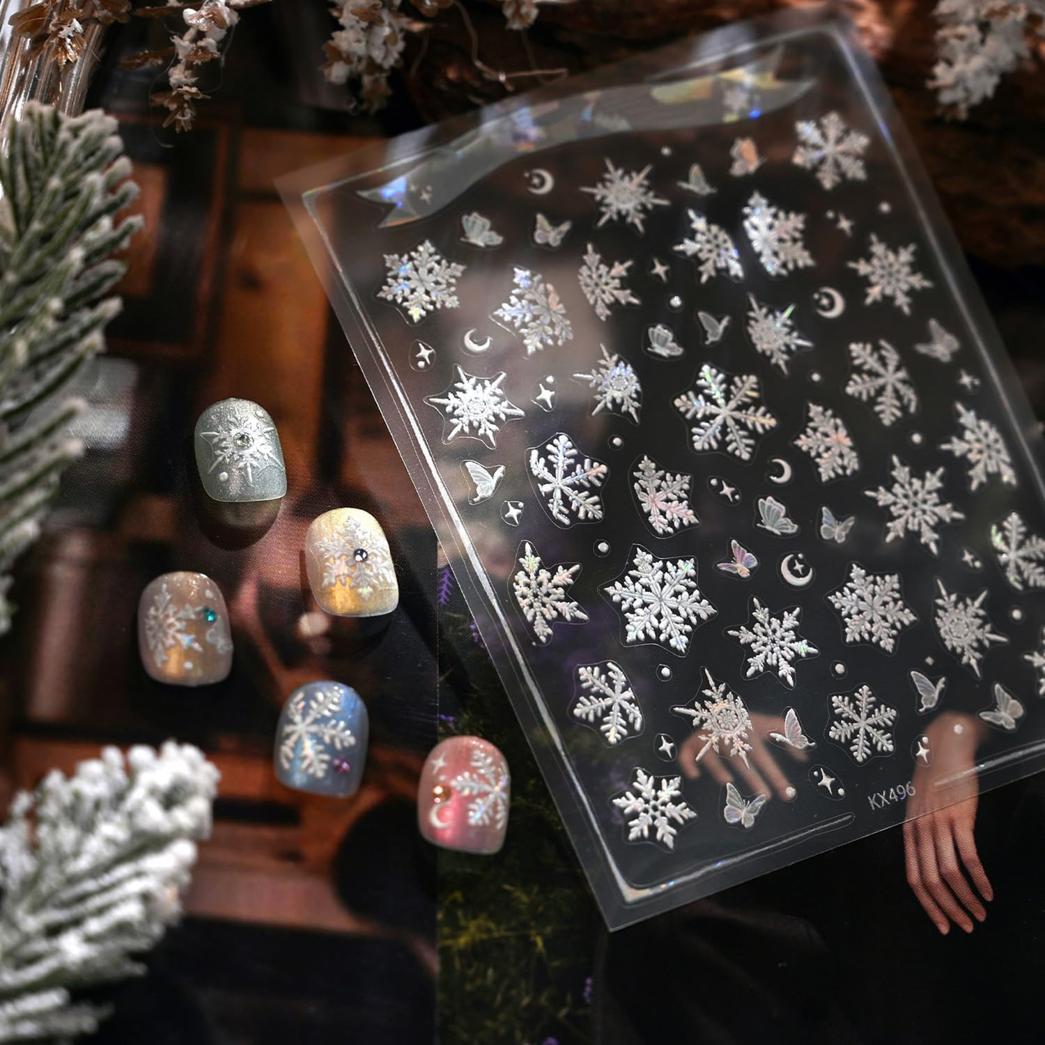 Winter Snowflake Nail Art Stickers, Blue White, 2 Sheets | 5D Embossed, Self-Adh