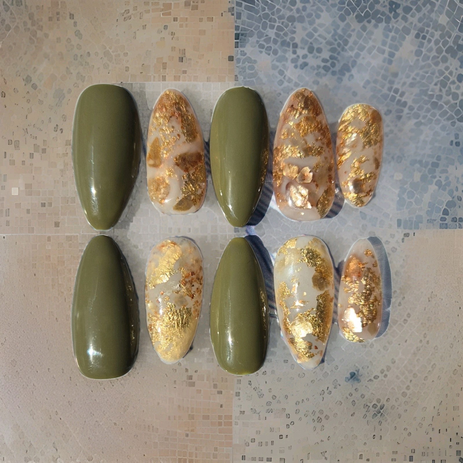 Nikki N Her Nails Olive Green Gold Marble Almond Press-On Nails Set Full Cover