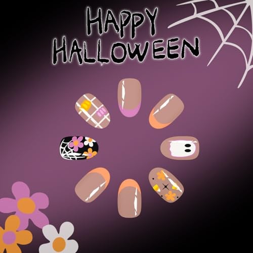 Halloween Press on Nails Short Almond Fake Nails Spooky and Style-A Style-6