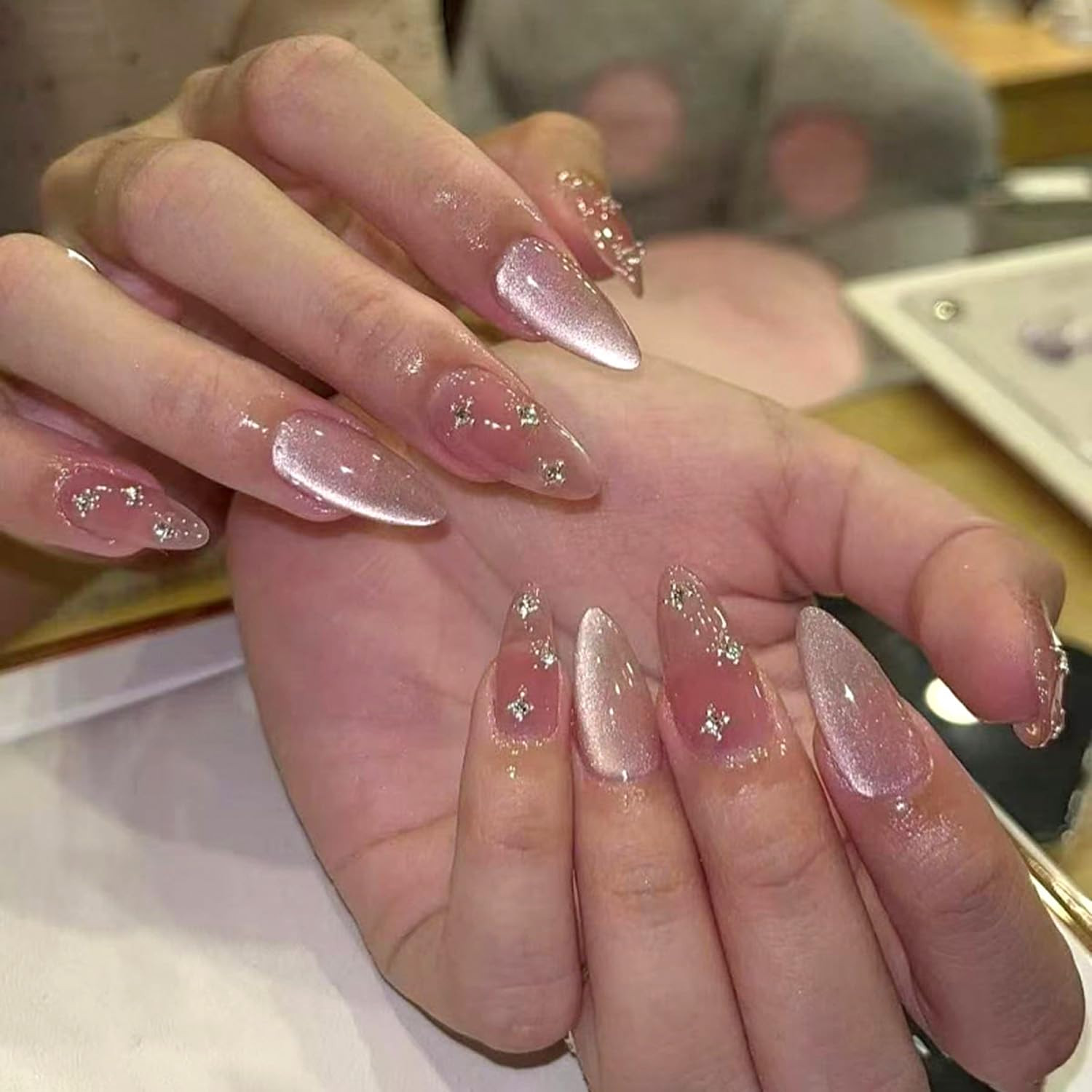 Nude Pink Cat Eye Press on Nails Almond Shape, Glossy Milky Pink Fake Nails with