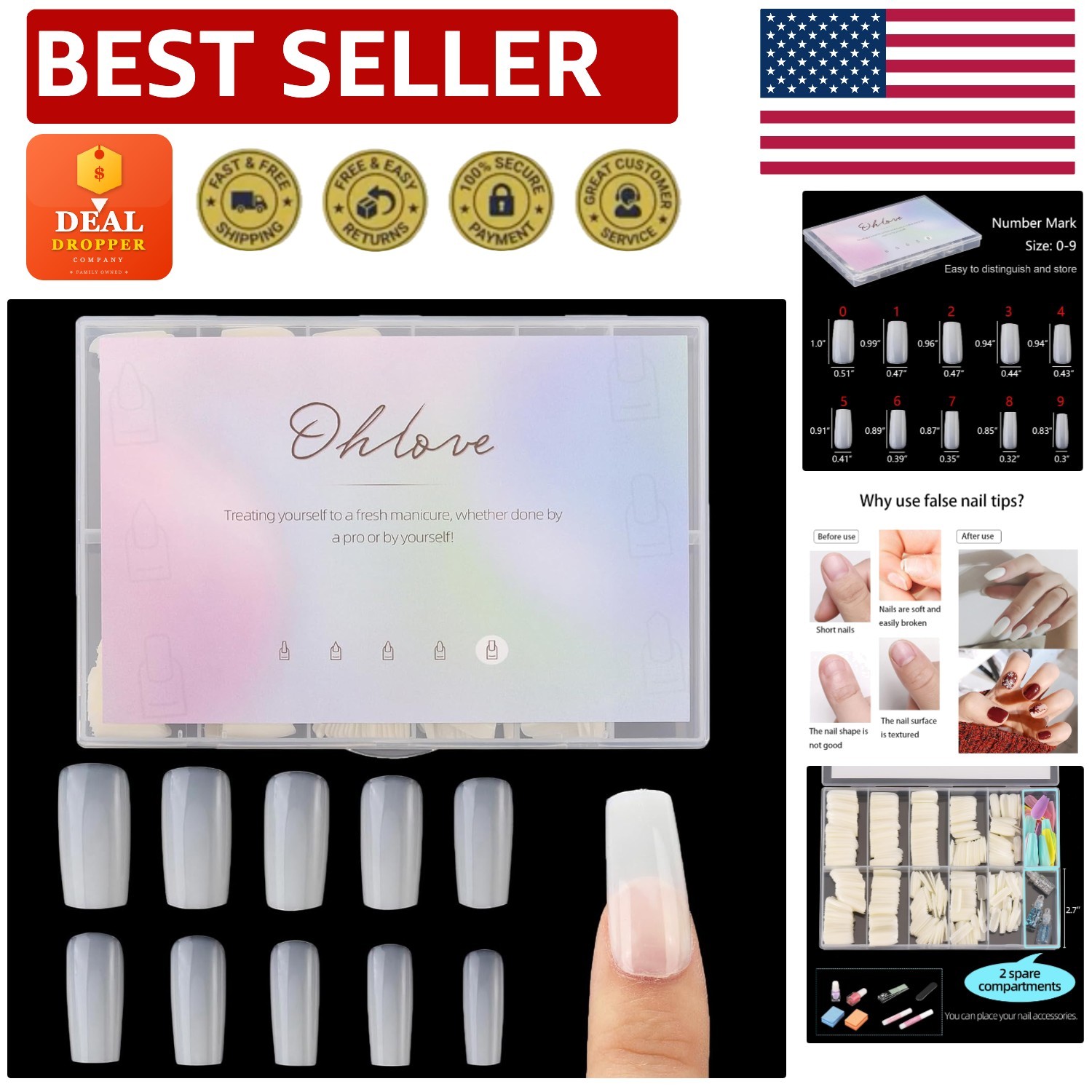 500Pcs Medium Square Full Cover Acrylic Nail Tips – Perfect for DIY Nail Art