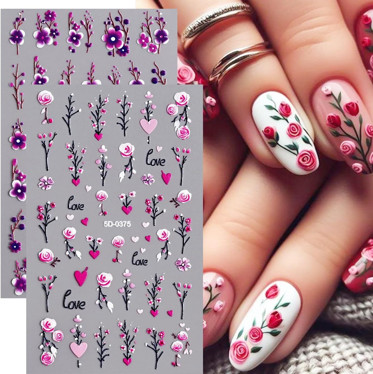 8 Sheets Summer Flower Nail Art Stickers Self-Adhesive Floral Nail Decals with R