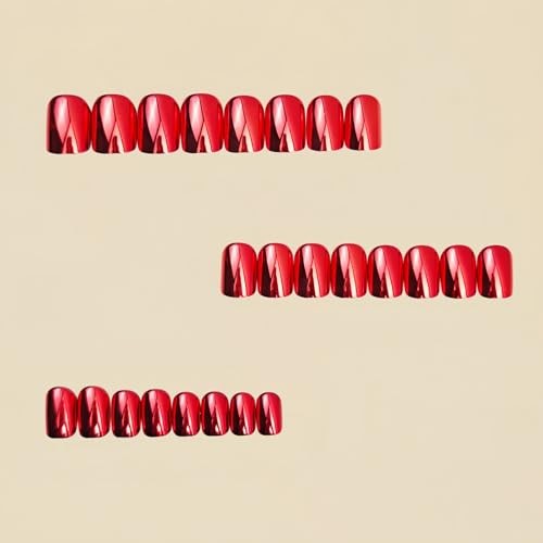 Red Press on Nails Short Square Fake Nails Wine Red Metal Chrome False Style 18
