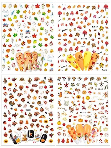 12 Sheets Fall Nail Art Sticker Decals, Self Adhesive Maple Leaf-12 Sheets