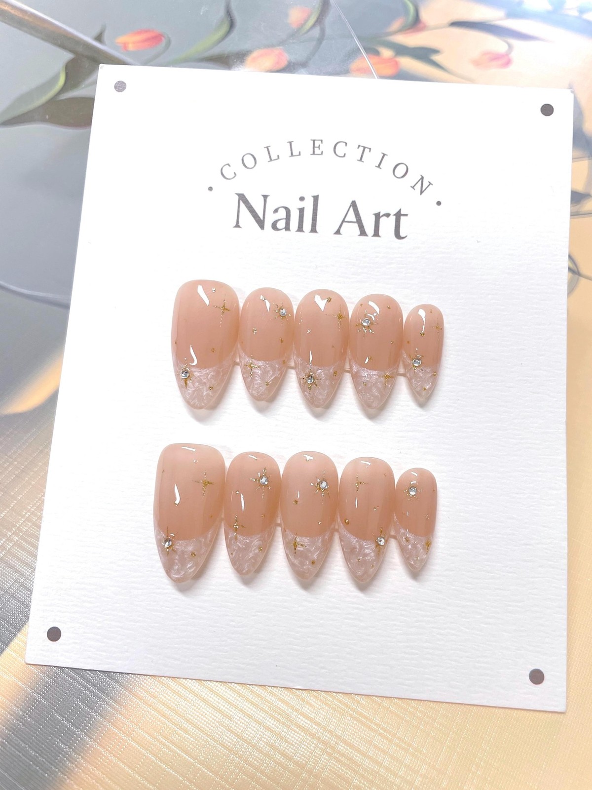 Handmade Nude Gold Foil Star Rhinestone Medium Almond Press on Nails Set