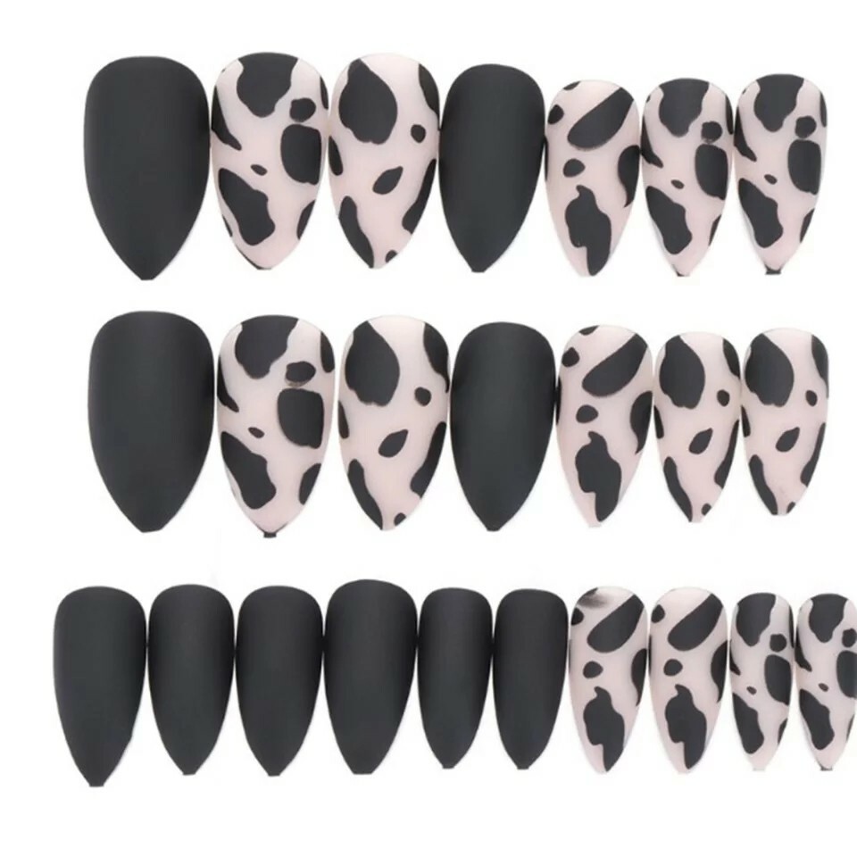 Cow Print Nails Matte Black Stiletto Long Frosted Glass effect press on nails