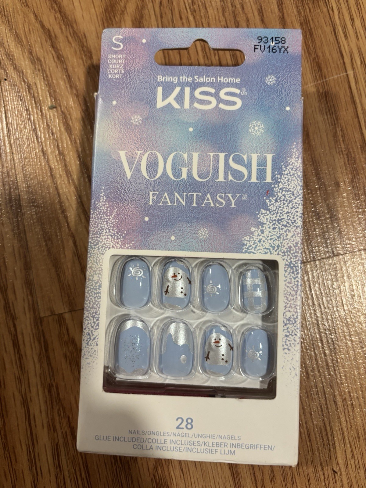 KISS Voguish Fantasy, Press on Nails, Snowman Nose, Blue, Short Oval, 28 Count