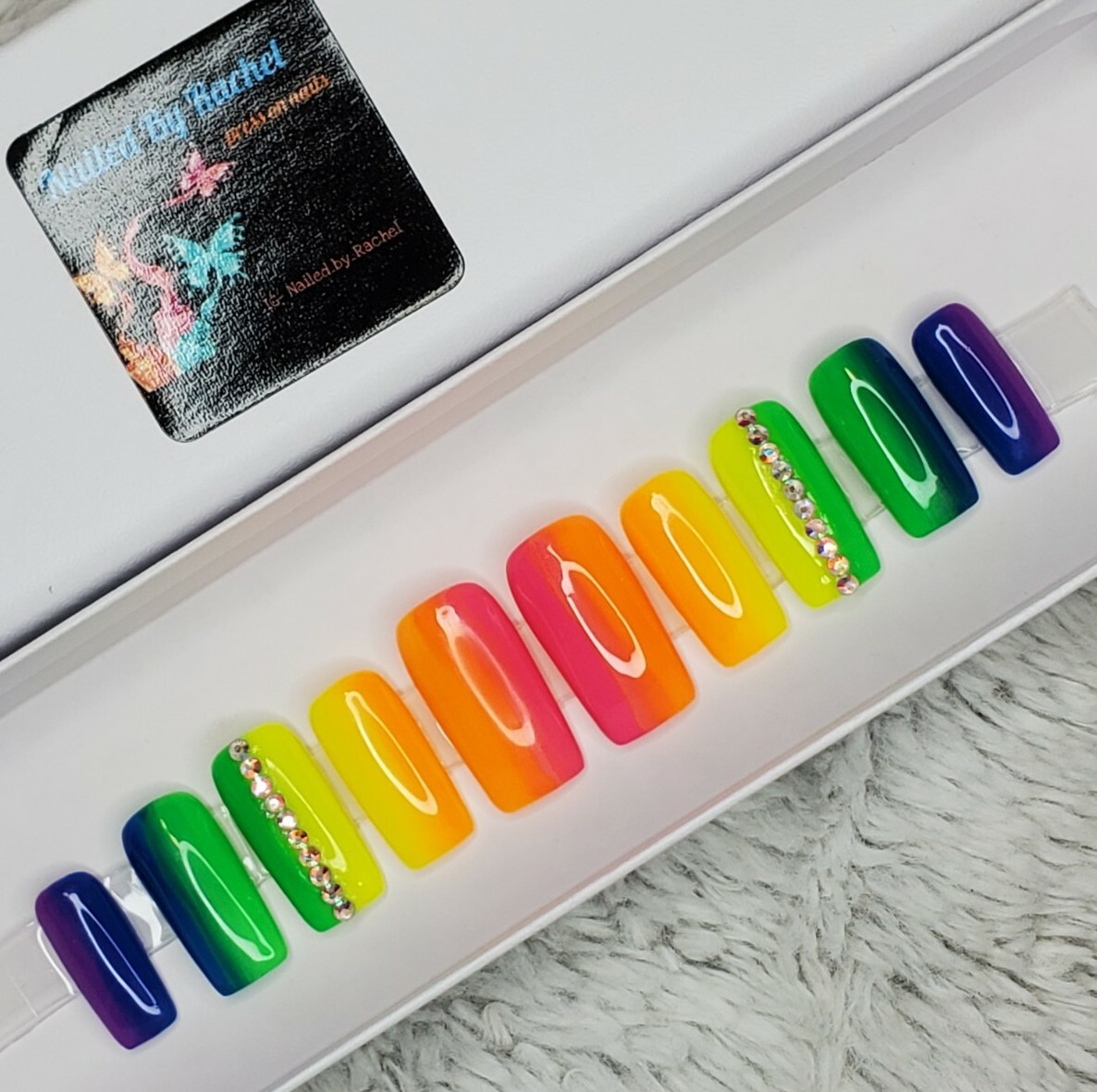 Neon Rainbow bling nails crystal pride set Press On nails diamond long square