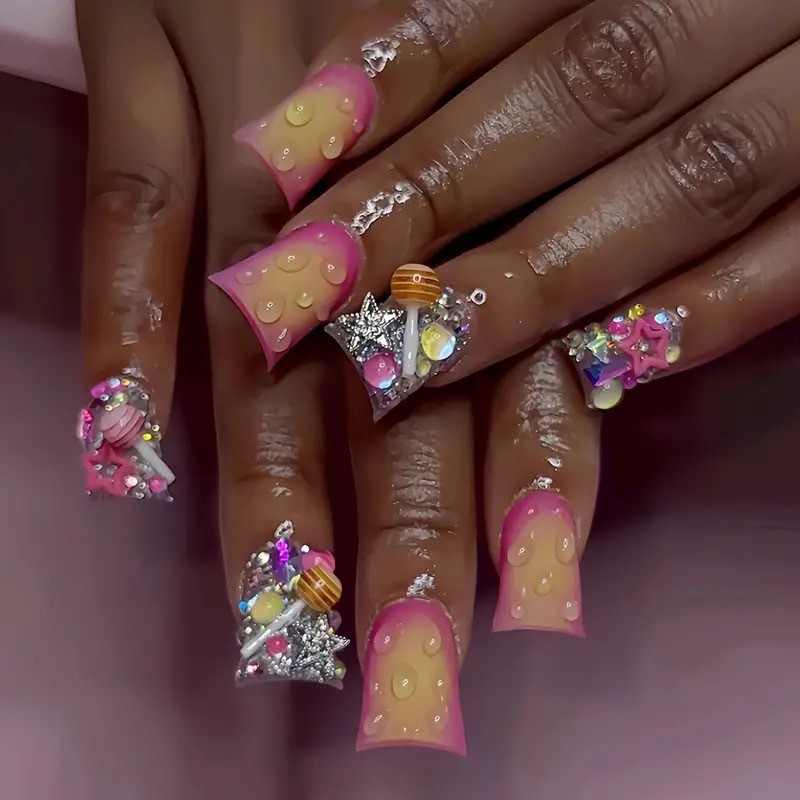 24pcs-Playful Press on Nail with 3D Lollipop Charms, Sparkle and Gradient Colors