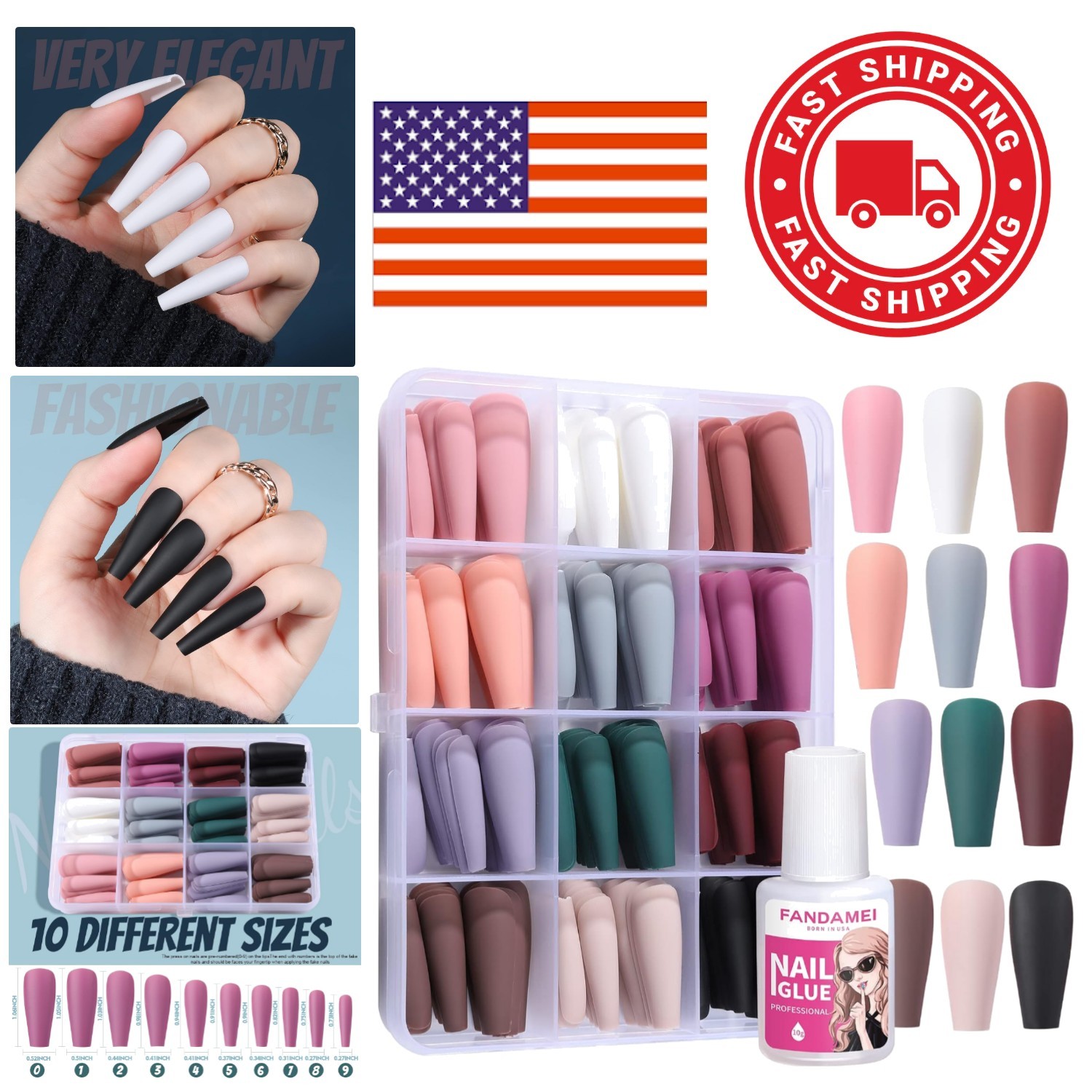 Classic Long Ballerina Fake Nails 240PCS with 10g Nail Glue for Perfect Fit