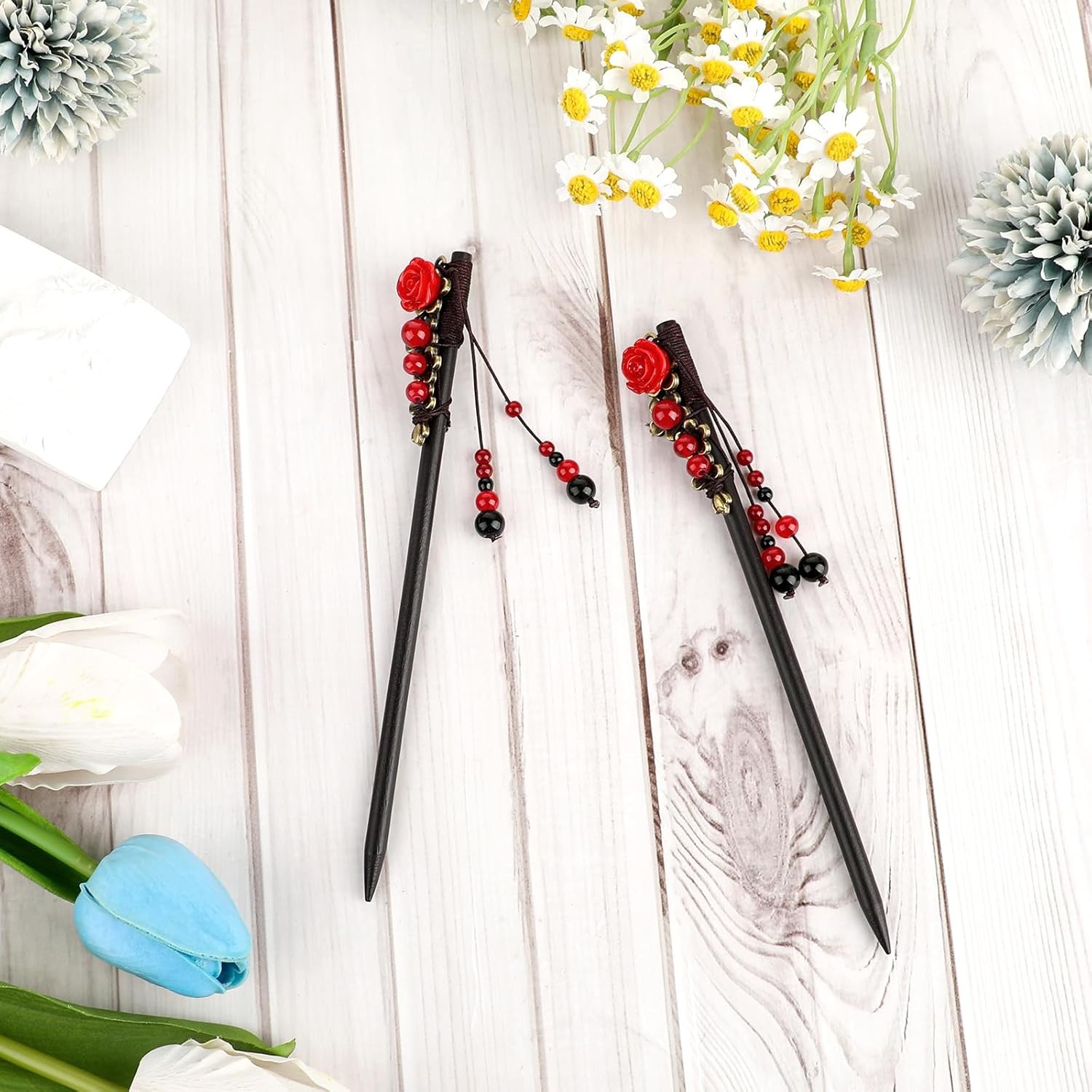 2 Pack Chinese Hair Sticks Pins Chopsticks Retro Wooden red