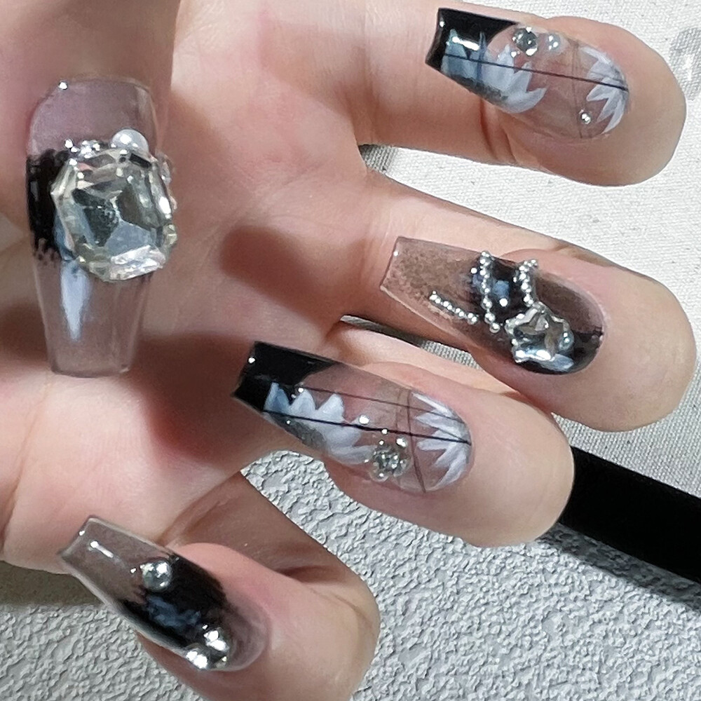 Handmade Press On Nails Medium Coffin,Black nail art,diamonds,Hand Drawn Flowers