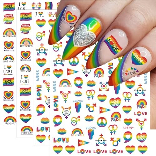 4 Sheets LGBTQ+ Pride Nail Art Stickers for Women Men Rainbow Nail Art Decals