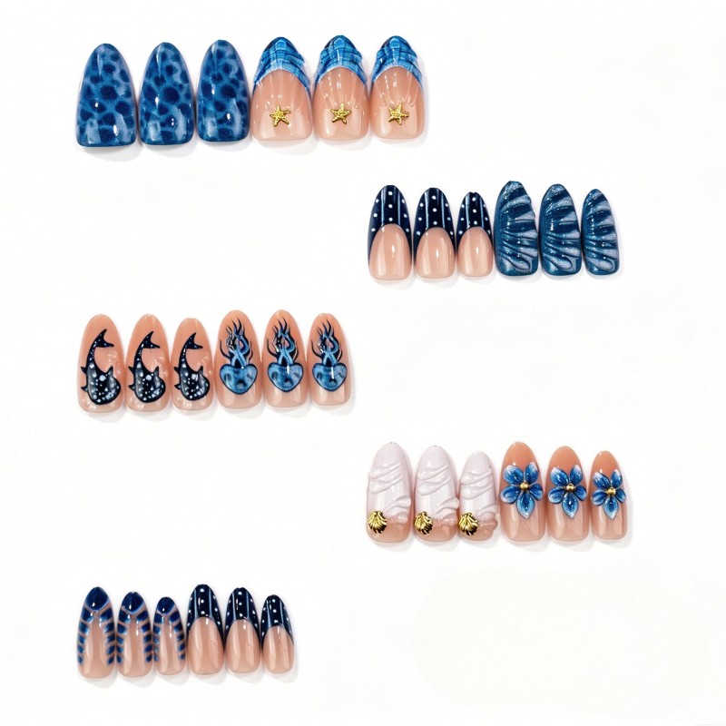 60pcs Almond Press on Nails, Blue Ocean Creature Shell Gradient Gloss Nails