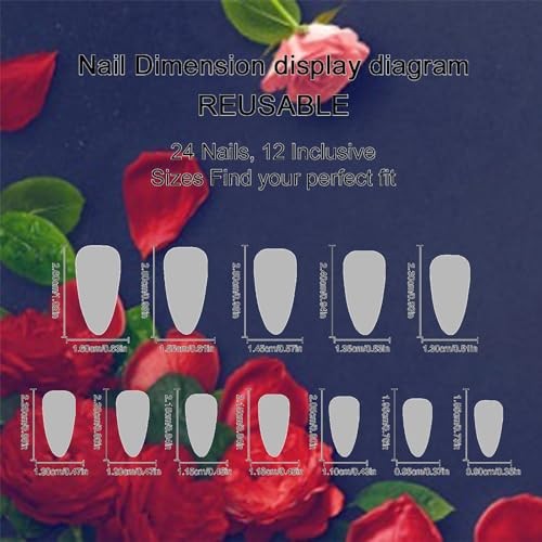 Red Rose Flower Press On Nails – Black Leaves Acrylic Medium Valentine Almond 9
