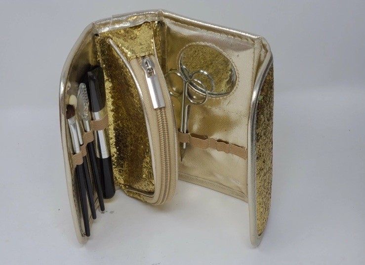 Simple Pleasures Travel Tool Makeup Set Nail Scissors In Sparkly Gold Zip Case