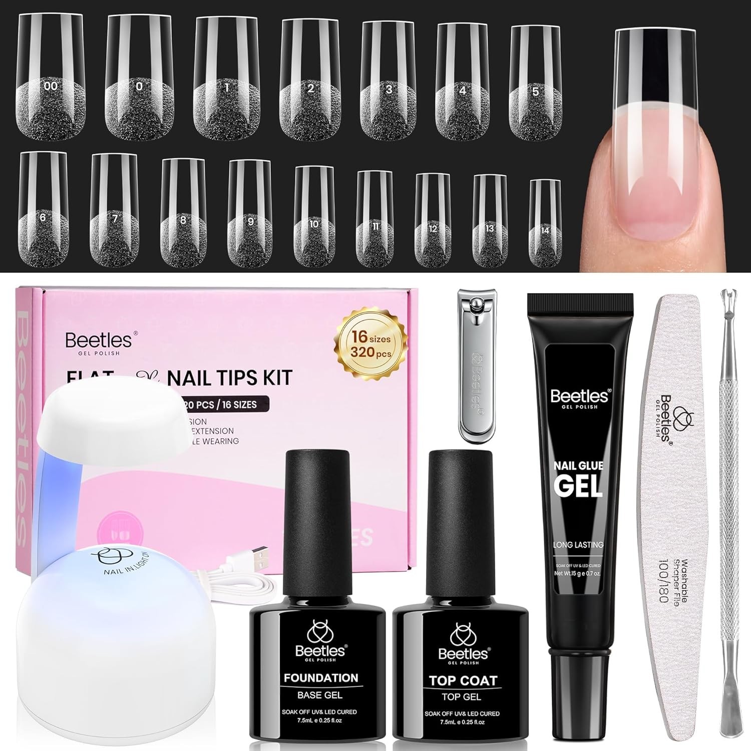 Beetles Gel Nail Kit Flat-X, Square Medium, 320pcs 16 Sizes Nail tips, with 1…
