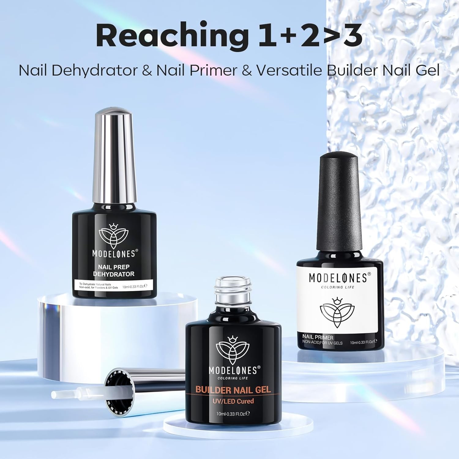 modelones Nail Dehydrator and Primer & Builder 0.33 Fl Oz (Pack of 3), Clear