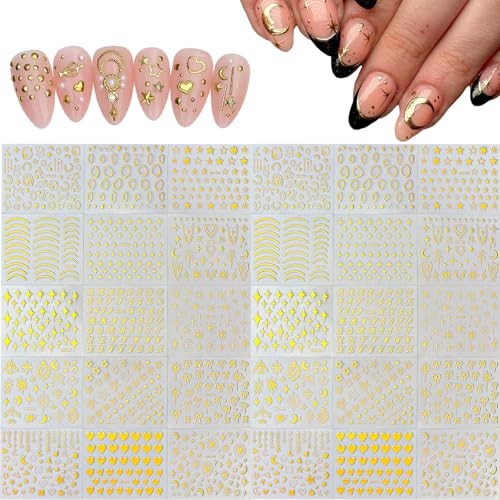 30 Sheets Gold Star Nail Art Stickers 3D Self Gold Star Moon Heart Designs