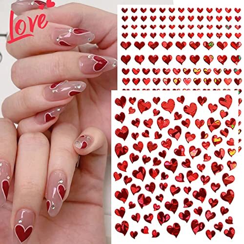 6 Sheets Heart Nail Stickers, Valentine’s Day 3D Red 6 Sheets，valentine’s Day