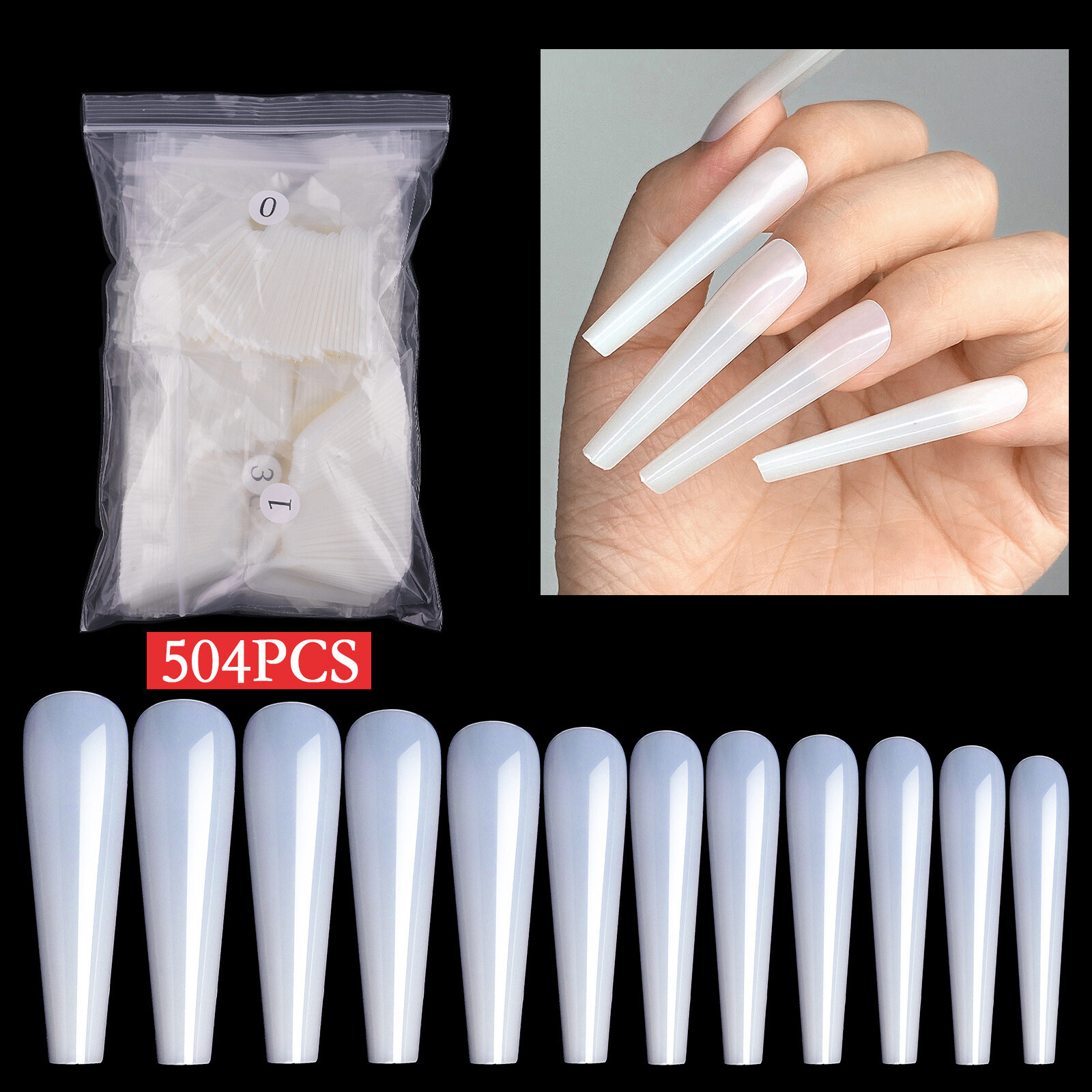 504Pcs Extra Long False Nail Tips Ballerina Full Cover C Curve Shape Fake Nails