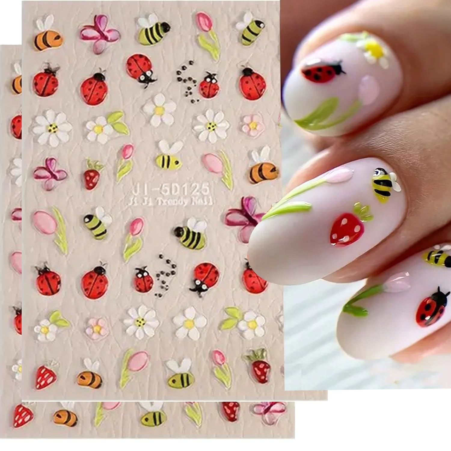 5D Cute Bee Floral Nail Stickers-3D Self Adhesive Cartoon Ladybug Butterfly S…