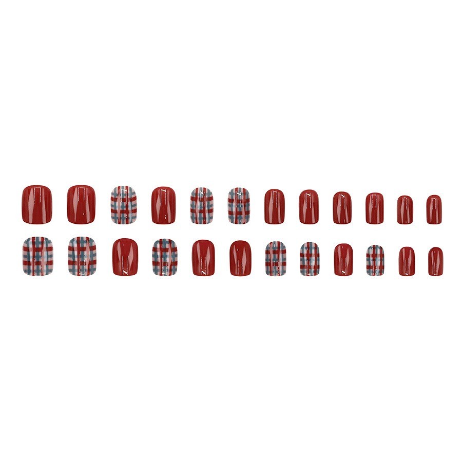 48 Pcs Red Plaid Press on Nails, Short Square Glossy Autumn Fake Nails