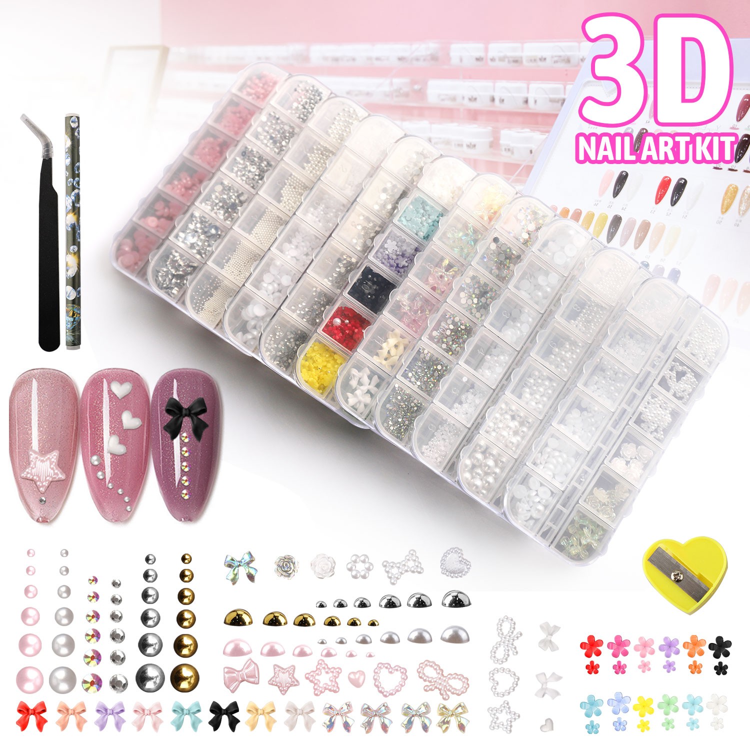 11 Boxes 3D Nail Art Decoration with Pearls Rhinestone Flowers Bows Star Mixed