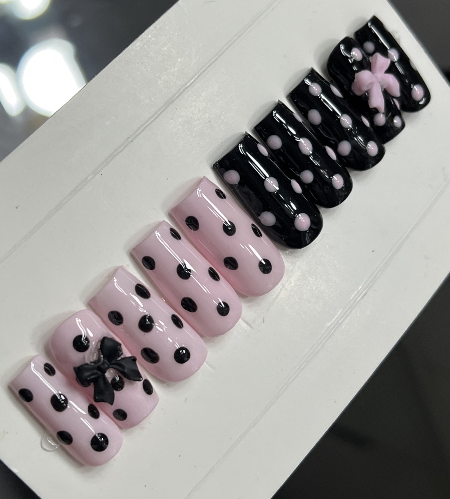 🌸 CUSTOM Press On Nails PINK BLACK POLKA DOTS BOW 10p SET W Kit