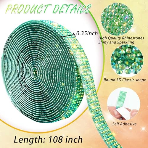 Self Adhesive Rhinestone Ribbon Crystal Strips, 3 Width-0.35 inch Green AB