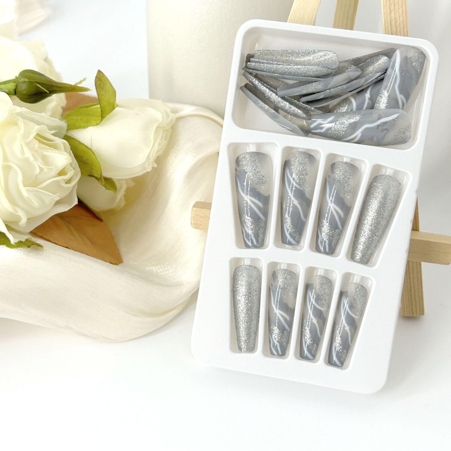 Glitter Coffin Press-On Nails Silvery Marble Gradient Full Cover Artificial Nail