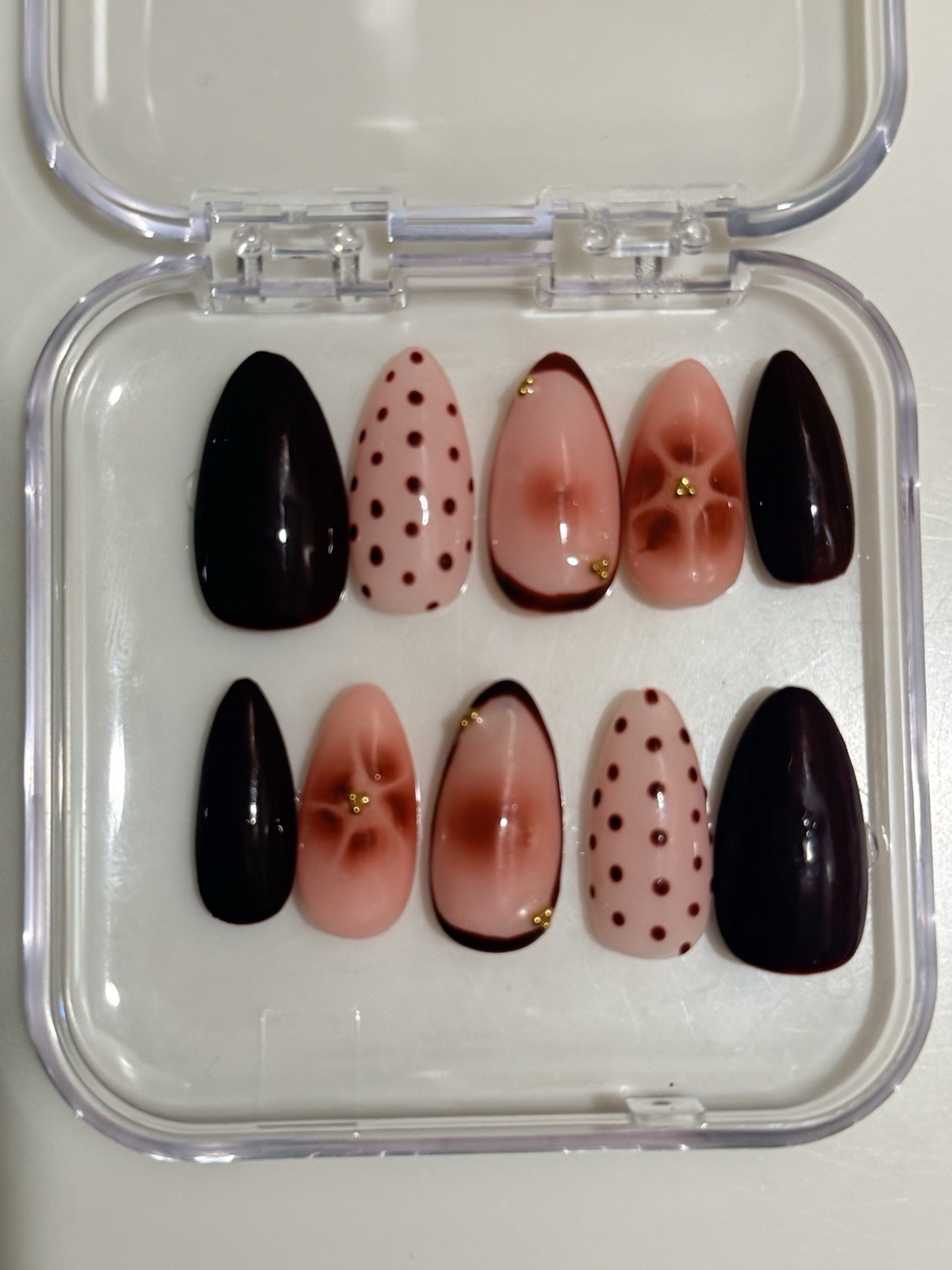 Handmade Dark brown & Pink Floral Almond Press-On Nails Medium Full Cover
