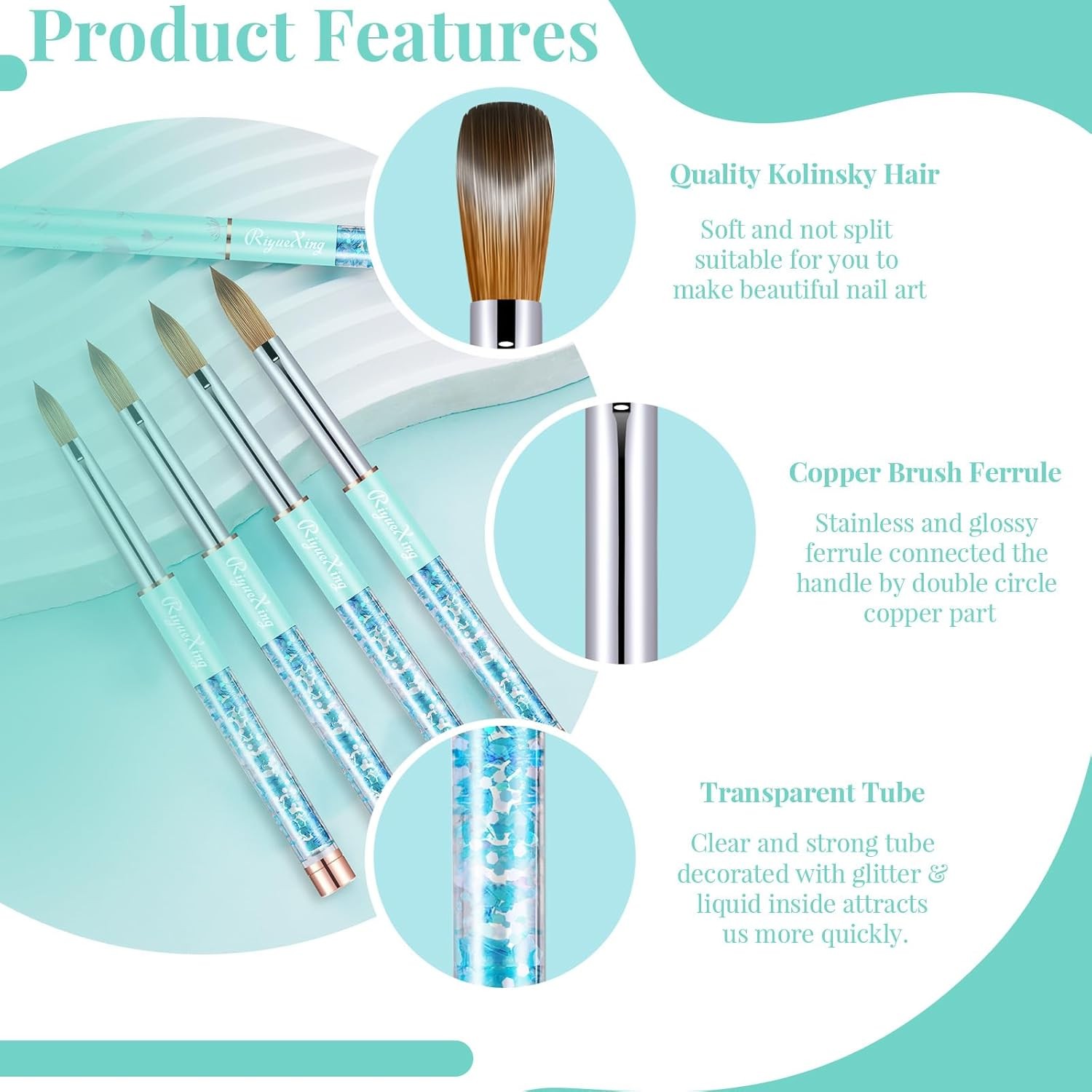 Acrylic Nail Brush Set, Size 6/10/14. Koliy Hair, Oval Crimped Pred